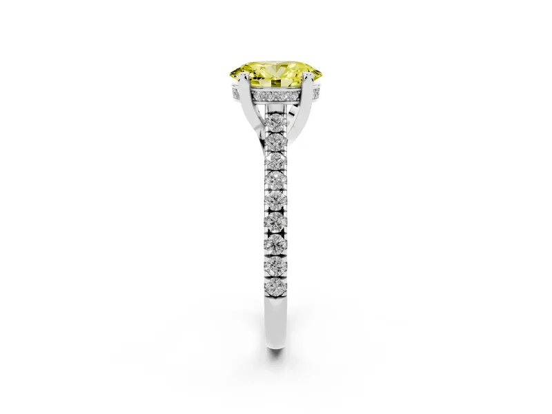 Oval Hidden Halo Pave Engagement Ring Setting for a Fancy Yellow Lab-Grown Diamond | Claw Prongs | Platinum