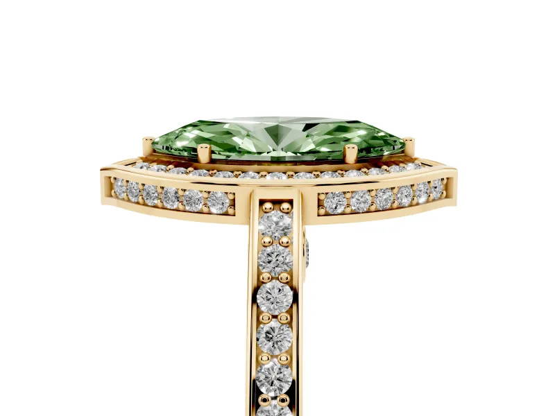 Fancy Green Marquise Cut Diamond Halo Pavé Split Shank Ring Set in Yellow gold with Prong Setting