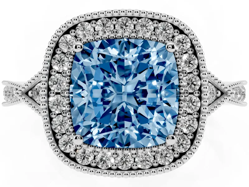 Cushion Cut Milgrain Halo Engagement Ring Setting for a Fancy Blue Lab-Grown Diamond | Graduated Pavé | Sterling Silver