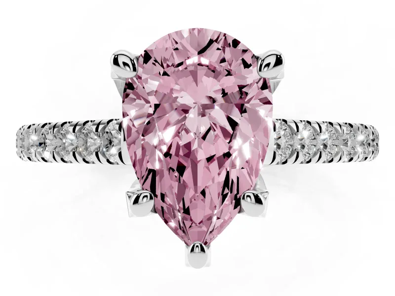 Fancy Pink Pear Cut Diamond Solitaire Ring Set in Silver with Brilliant Pavé Band and Prong Setting