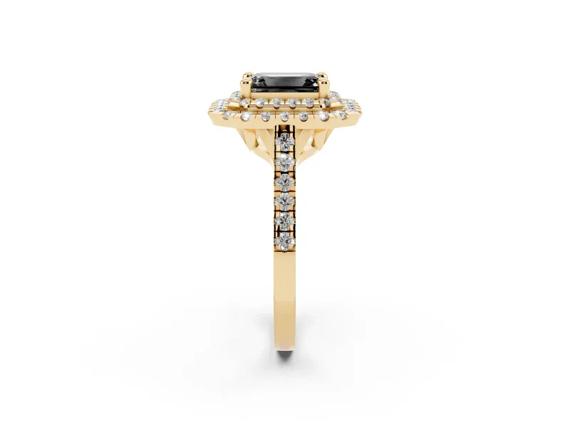 Fancy Black Emerald Cut Diamond Double Halo Statement Ring Set in Yellow gold with Pavé Band