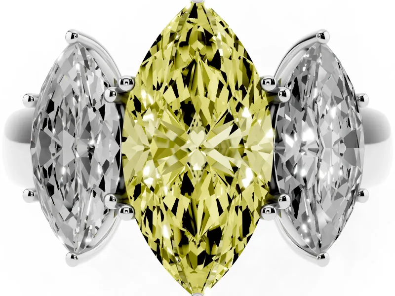 Fancy Yellow Three-Stone Marquise Cut Diamond Ring Set in Silver with Matching Prong Settings and Plain Band