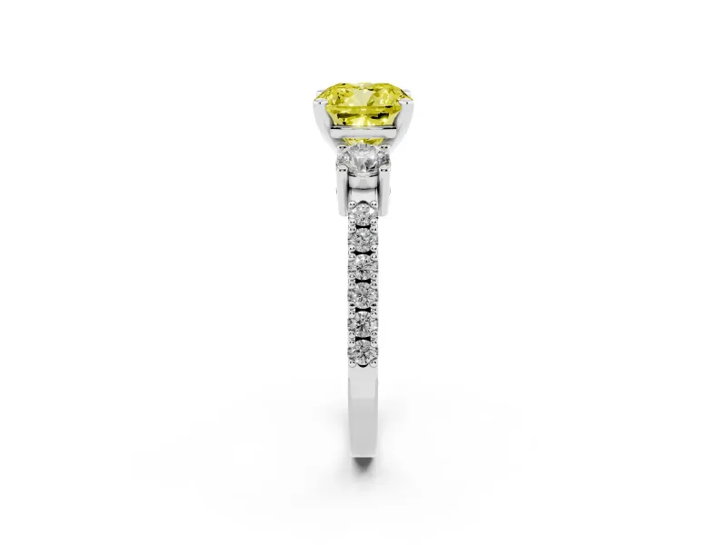 Fancy Yellow Three-Stone Cushion Cut Diamond Pavé Band Ring Set in Silver with Prong Setting