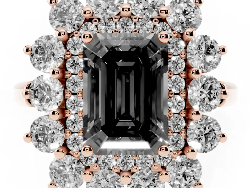 Emerald Cut Floral Double Halo Engagement Ring Setting for a Black Center | Plain Band | Rose Gold
