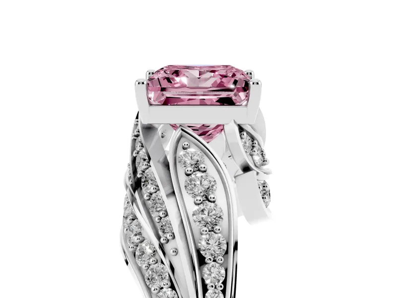 Fancy Pink Princess Cut Diamond Solitaire Ring Set in Silver with Layered Twist Pavé Band