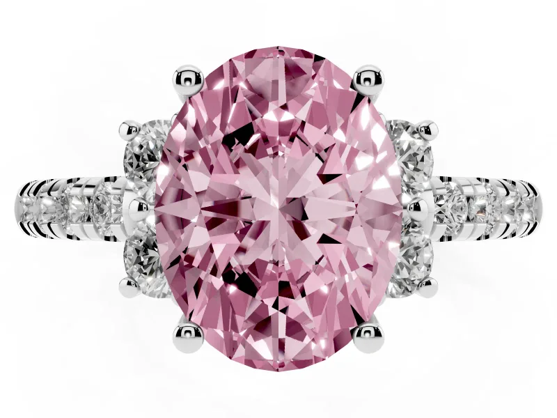 Oval Side Stone Engagement Ring Setting for a Fancy Pink Lab-Grown Diamond | Pave Band | White Gold