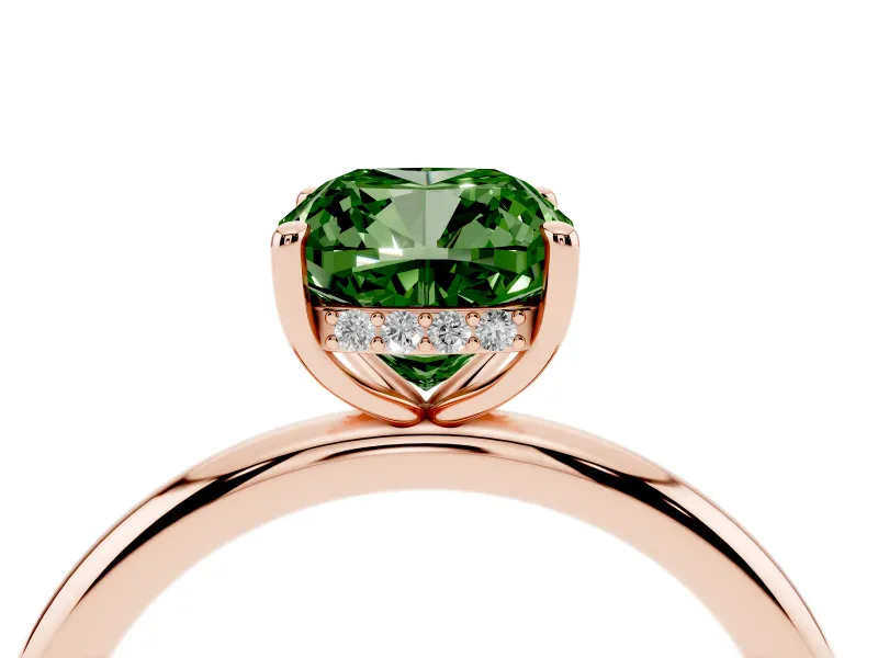 Fancy Green Cushion Cut Diamond Solitaire Ring Set in Rose gold with Thin Band and Prong Setting