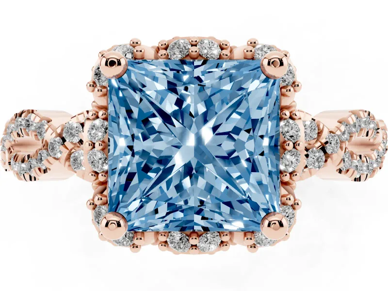 Princess Cut Milgrain Halo Engagement Ring Setting for a Fancy Blue Lab-Grown Diamond | Graduated Shoulders | Rose Gold