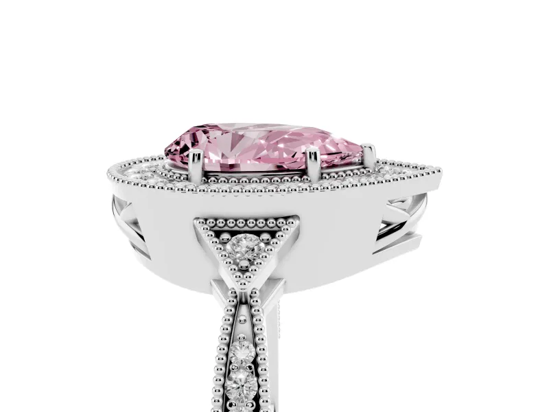 Fancy Pink Pear Cut Diamond Halo Engagement Ring Set in White gold with Milgrain Pavé Band