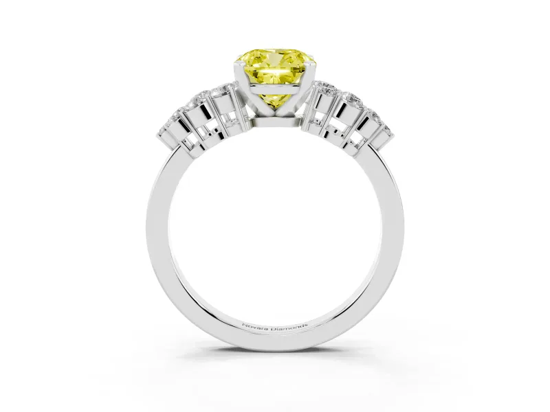 Fancy Yellow Cushion Cut Diamond Cluster Engagement Ring Set in Platinum with Pavé Band and Prong Setting
