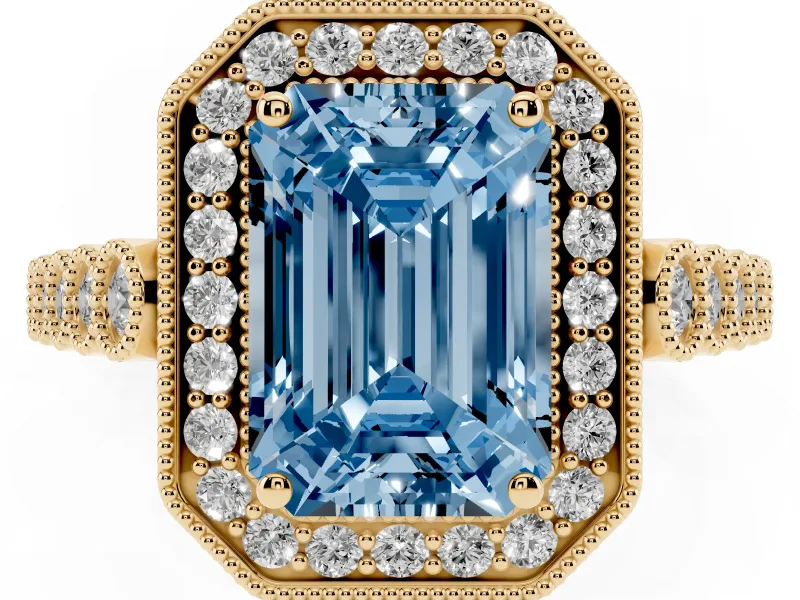 Emerald Cut Graduated Milgrain Halo Engagement Ring Setting for a Fancy Blue Lab-Grown Diamond | Yellow Gold