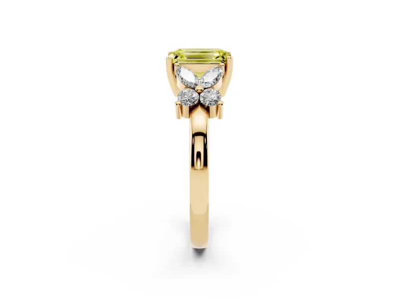 Fancy Yellow Emerald Cut Diamond Floral Cluster Ring Set in Yellow gold with Marquise Petals and Prong Setting