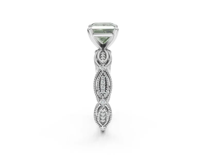 Princess Cut Vintage Engagement Ring Setting for a Fancy Green Lab-Grown Diamond | Graduated Stations | Platinum