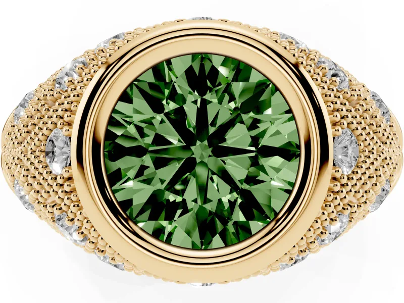Fancy Green Round Cut Diamond Bezel Ring Set in Yellow gold with Milgrain Accent Band