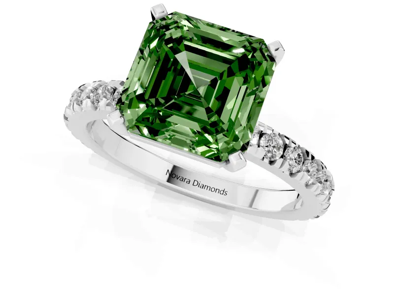 Fancy Green Asscher Cut Diamond Pavé Band Solitaire Set in Silver with Prong Setting