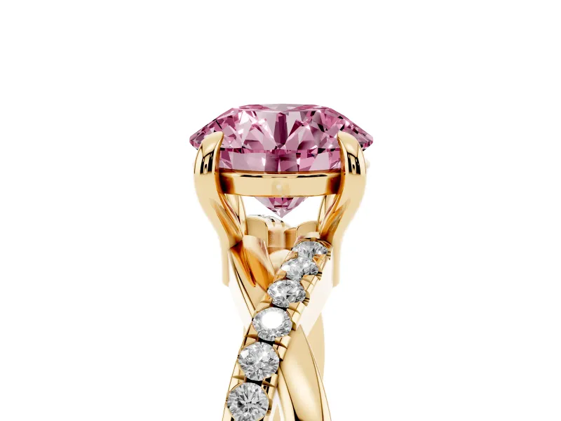 Fancy Pink Round Cut Diamond Twist Band Solitaire Set in Yellow gold with Pavé Accents and Prong Setting