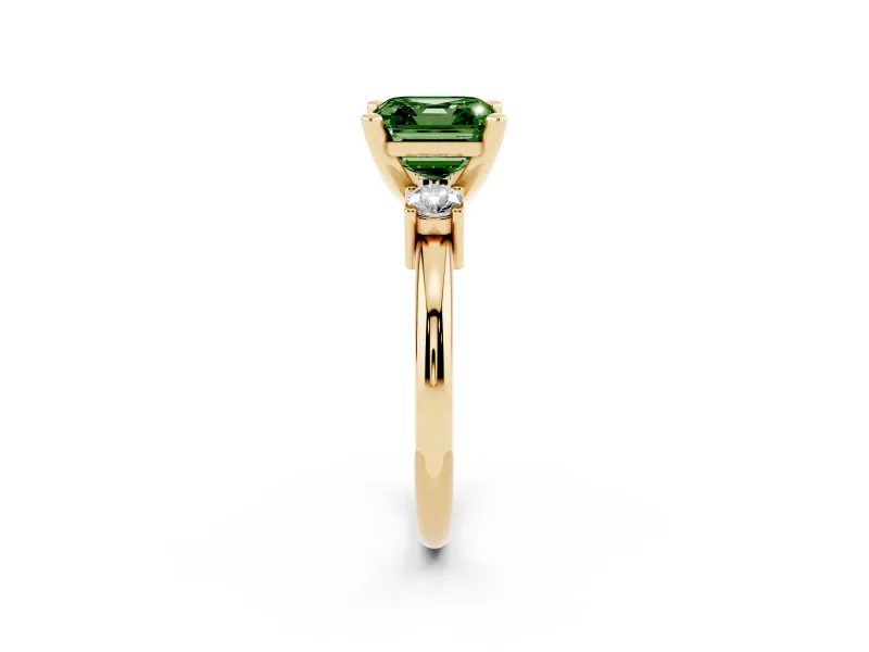 Fancy Green Three-Stone Asscher Cut Diamond Ring Set in Yellow gold with Prong Setting and Plain Band
