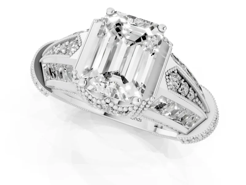 Emerald Cut Diamond Vintage-Inspired Milgrain Ring Set in White gold with Accent Split Shank