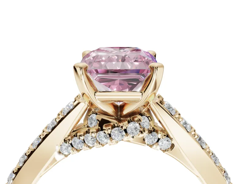Radiant Cut Pavé Solitaire Engagement Ring Setting for a Fancy Pink Lab-Grown Diamond | Crossover Gallery | Yellow Gold