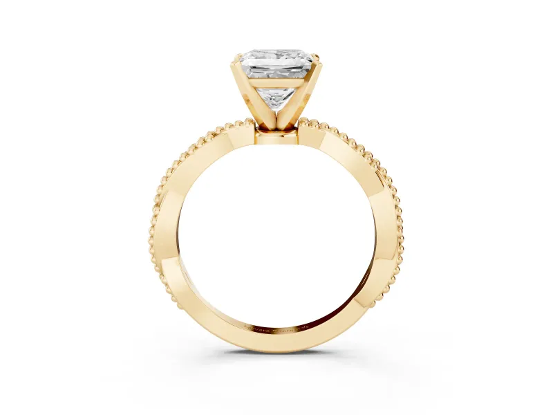 Princess Cut Diamond Solitaire Ring Set in Yellow gold with Twisted Band and Bead Prong Setting
