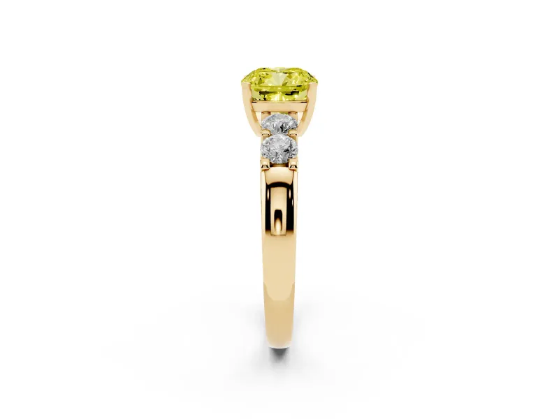Fancy Yellow Cushion Cut Diamond Five-Stone Prong Set Engagement Ring Set in Yellow gold with Channel Band