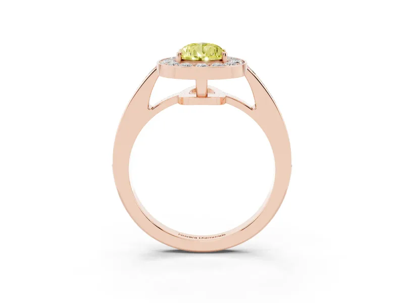 Fancy Yellow Pear Cut Diamond Halo Pavé Engagement Ring Set in Rose gold with Bezel Setting