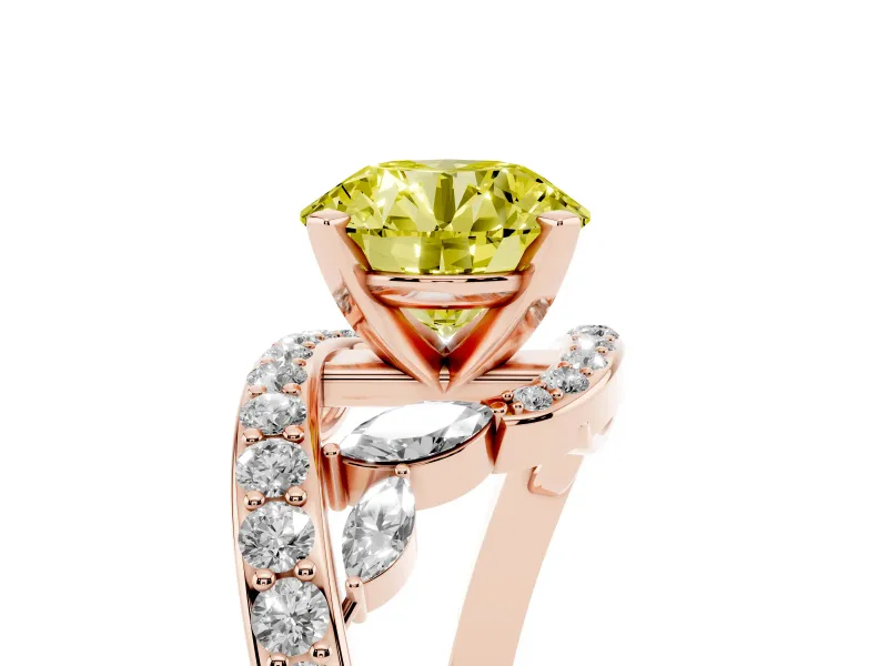 Fancy Yellow Round Cut Diamond Solitaire Ring Set in Rose gold with Pavé Twist Band and Secure Prong Setting