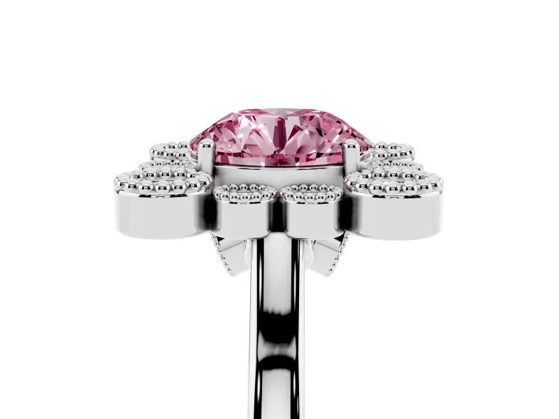 Round Milgrain Cluster Halo Engagement Ring Setting for a Fancy Pink Lab-Grown Diamond | Plain Band | Platinum