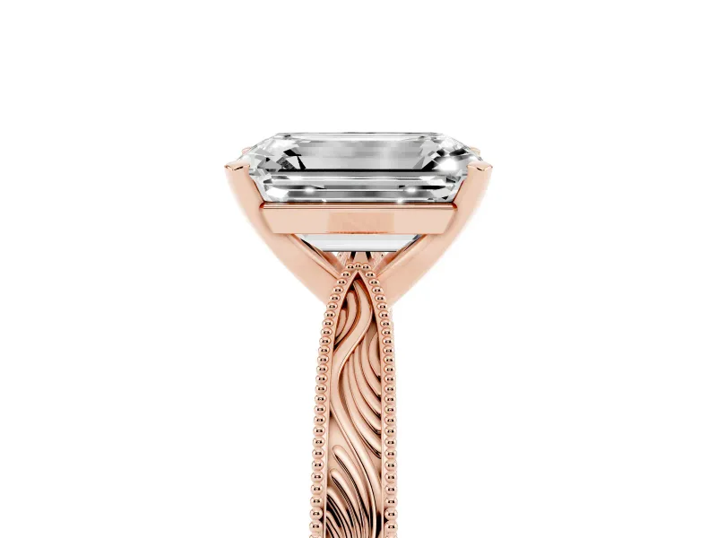 Emerald Cut Diamond Solitaire Milgrain Engraved Band Set in Rose gold with Prong Setting