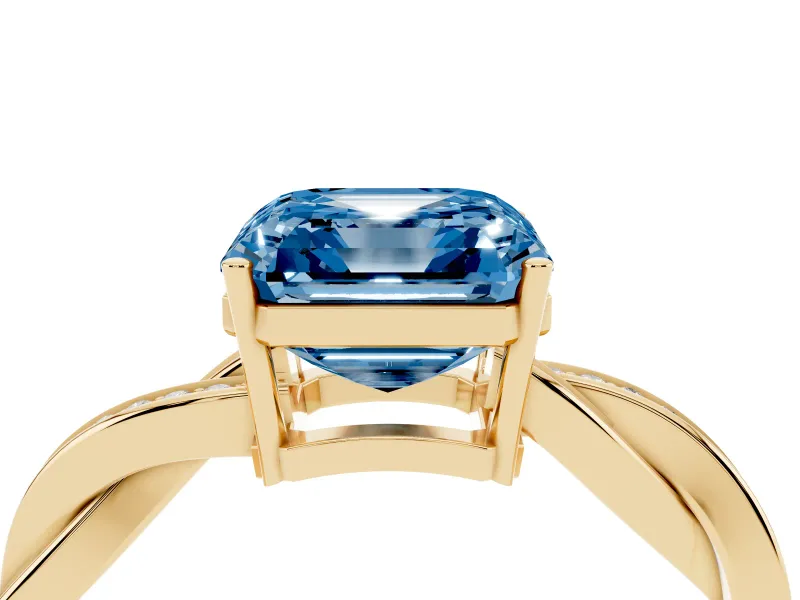 Fancy Blue Asscher Cut Diamond Solitaire Twisted Pavé Ring Set in Yellow gold with Prong Setting