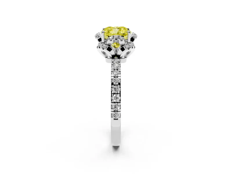 Cushion Cut Floral Petal Halo Engagement Ring Setting for a Fancy Yellow Lab-Grown Diamond | Pavé Band | Platinum