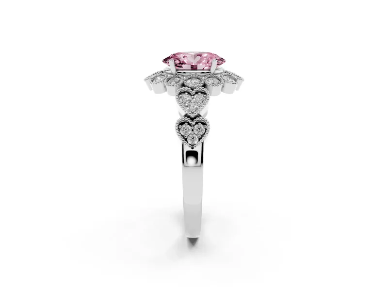 Oval Scalloped Halo Engagement Ring Setting for a Fancy Pink Lab-Grown Diamond | Heart Pavé Band | White Gold