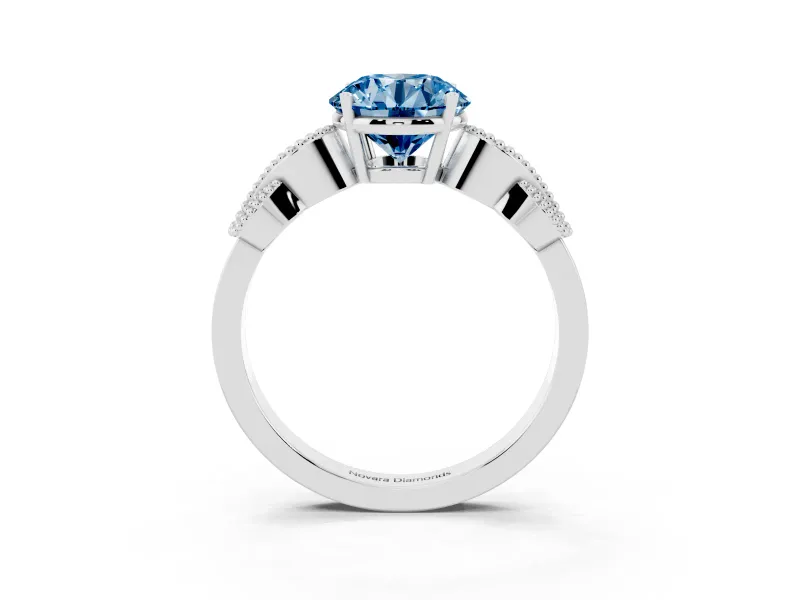 Fancy Blue Round Cut Diamond Milgrain Leaf Band Solitaire Ring Set in White gold with Accent Stones and Prong Setting