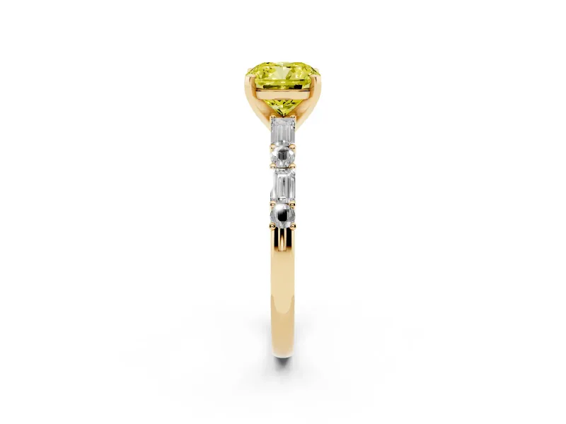 Fancy Yellow Cushion Cut Diamond Solitaire Set in Yellow gold with Side Baguettes and Channel Set Band