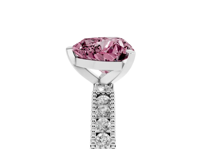 Fancy Pink Heart Cut Diamond Solitaire Ring Set in Platinum with Slim Pavé Band and Prong Setting