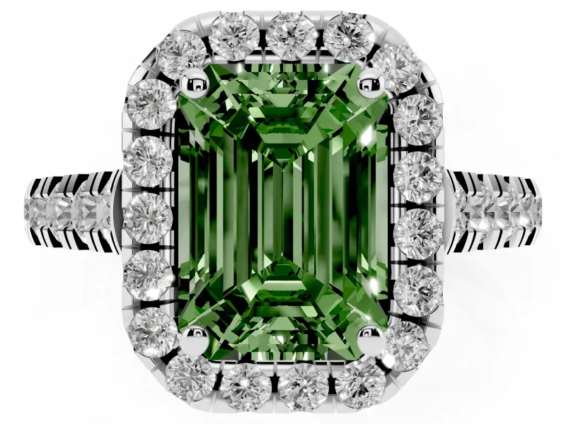 Emerald Cut Halo Engagement Ring Setting for a Fancy Green Lab-Grown Diamond | Shared Prong Shoulders | Sterling Silver