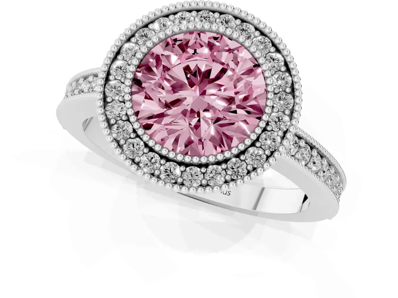 Fancy Pink Round Cut Diamond Halo Engagement Ring Set in Silver with Pavé Band and Round Halo Stones