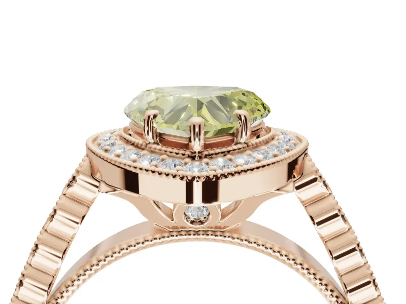 Canary Yellow Heart-Shaped Lab-Grown Diamond Milgrain Halo Solitaire Ring Set in Rose Gold with Bezel Set Side Stones and Pavé Band
