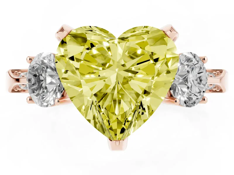 Heart-Shaped Hidden Halo Three Stone Engagement Ring Setting for a Fancy Yellow Lab-Grown Diamond | Rose Gold