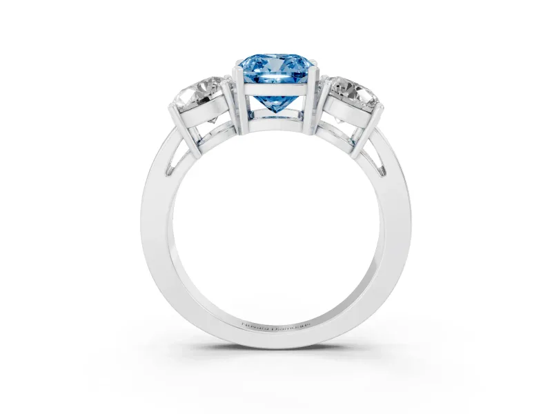 Cushion Cut Three Stone Engagement Ring Setting for a Fancy Blue Lab-Grown Diamond | Wide Plain Band | Sterling Silver