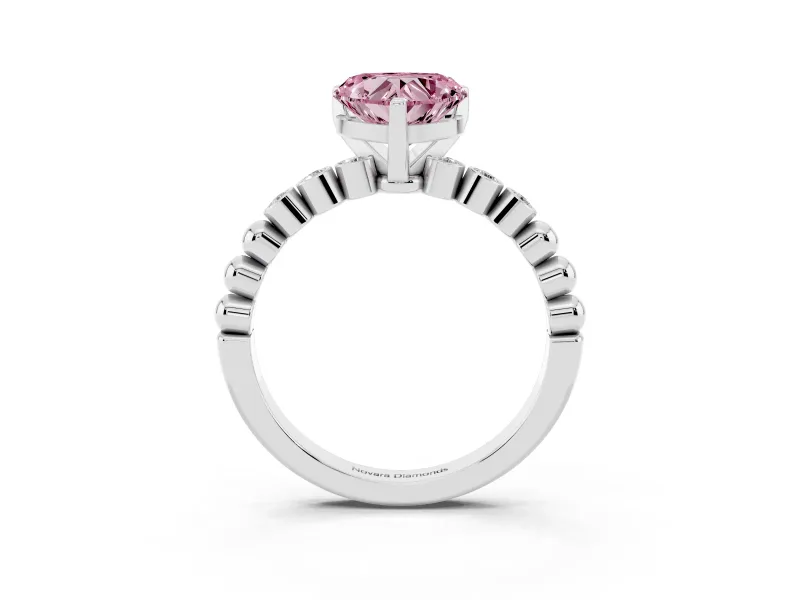 Fancy Pink Heart Cut Diamond Solitaire Engagement Ring Set in Silver with Bezel Accents on Beaded Band