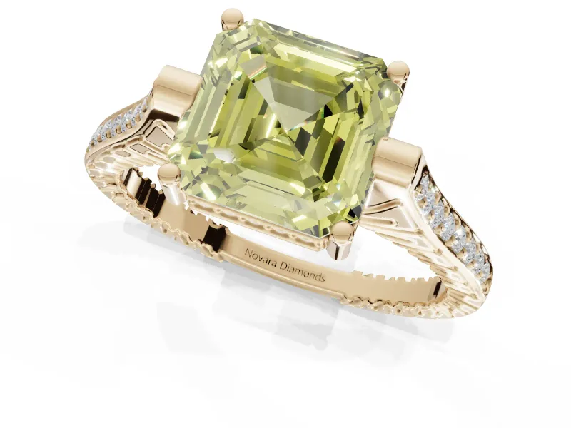 Asscher Cut Vintage Cathedral Engagement Ring Setting for a Fancy Yellow Lab-Grown Diamond | Carved Band | Yellow Gold