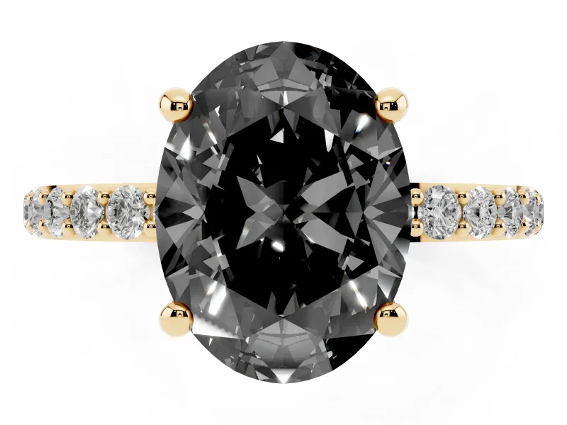 Fancy Black Oval Cut Diamond Solitaire Ring Set in Yellow gold with Round Pavé Band and Prong Setting