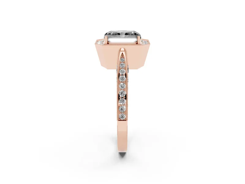 Radiant Cut Milgrain Halo Engagement Ring Setting for a Black Center | Side Stones | Rose Gold