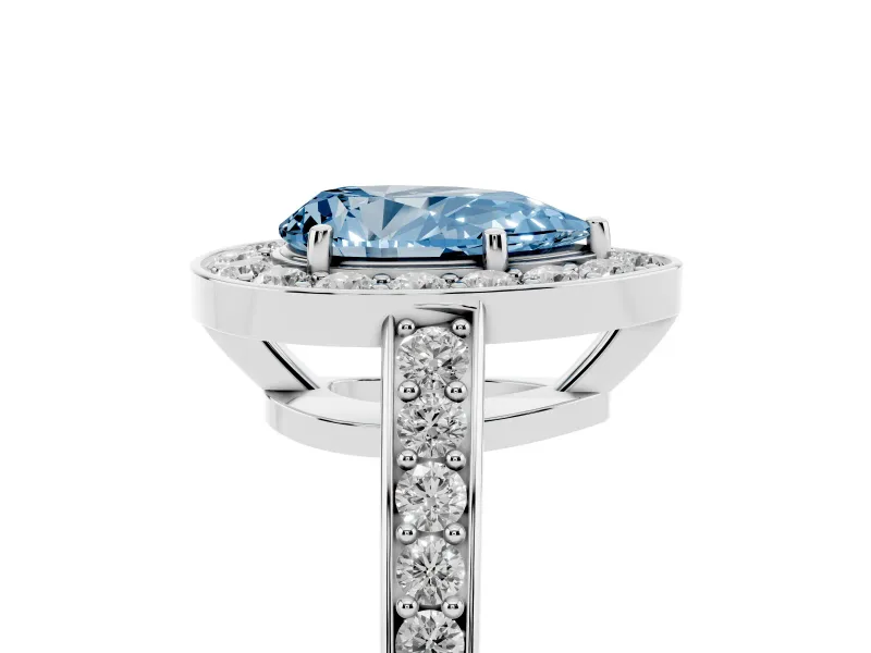 Fancy Blue Pear Cut Diamond Halo Pavé Engagement Ring Set in Silver with Bezel Setting