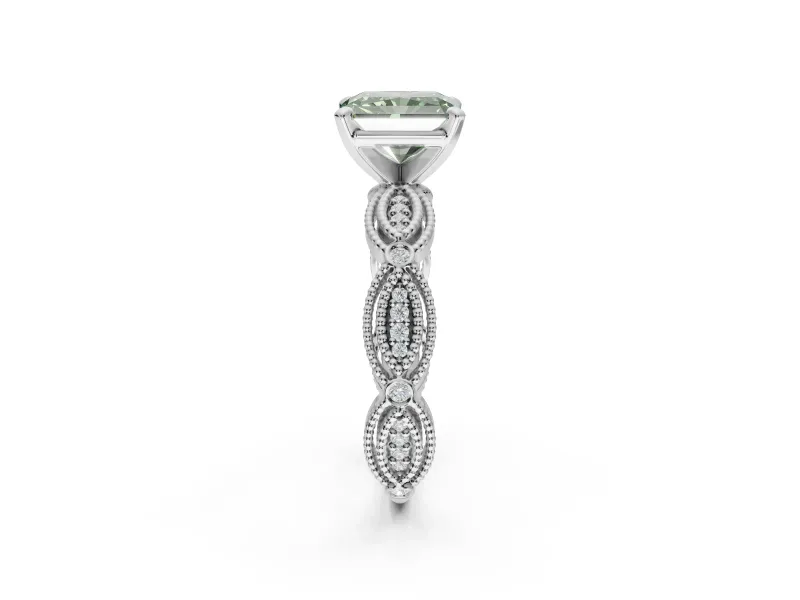 Radiant Cut Vintage Engagement Ring Setting for a Fancy Green Lab-Grown Diamond | Graduated Stations | Sterling Silver