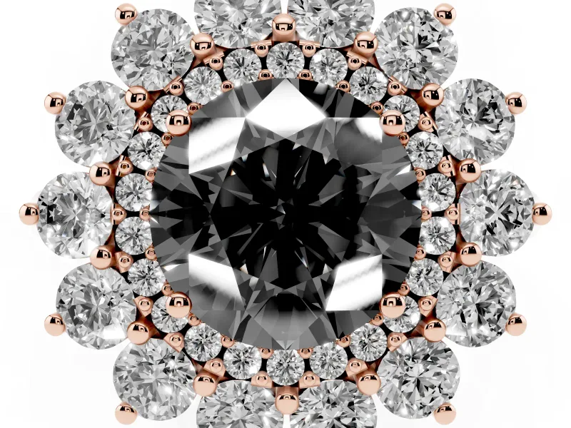 Round Floral Double Halo Engagement Ring Setting for a Black Center | Plain Band | Rose Gold
