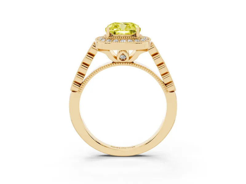 Cushion Cut Graduated Milgrain Halo Engagement Ring Setting for a Fancy Yellow Lab-Grown Diamond | Yellow Gold