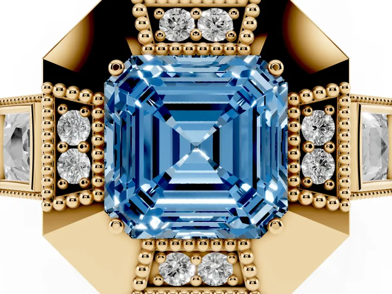 Asscher Cut Milgrain Sectioned Halo Engagement Ring Setting for a Fancy Blue Lab-Grown Diamond | Yellow Gold