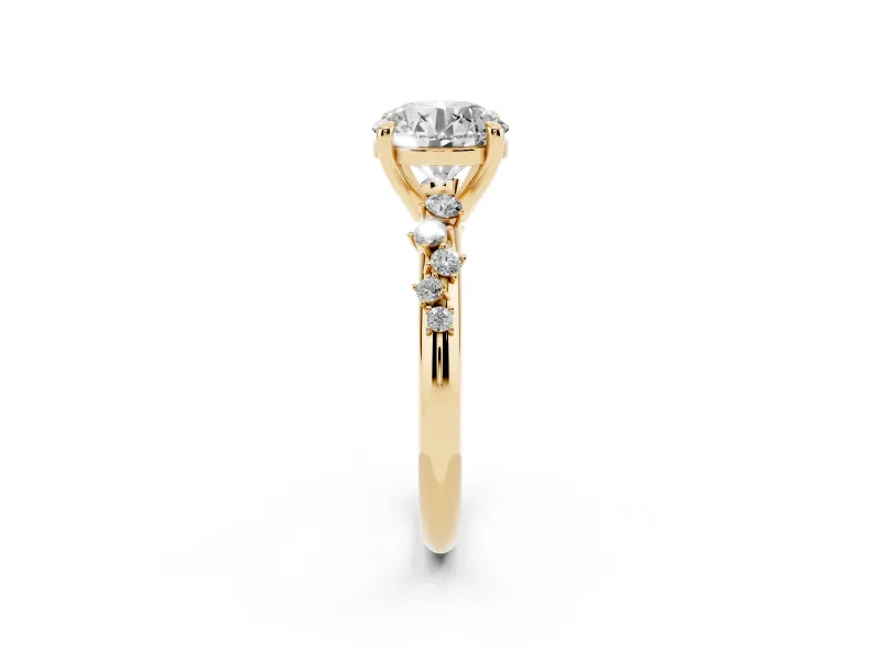 Round Cut Diamond Solitaire Vine Band Ring Set in Yellow gold with Round Accents and Prong Setting